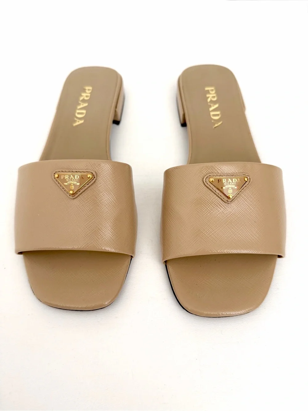 PRADA | Saffiano Patent Leather Triangle Logo Slides Sandals Flats Beige Sand 38